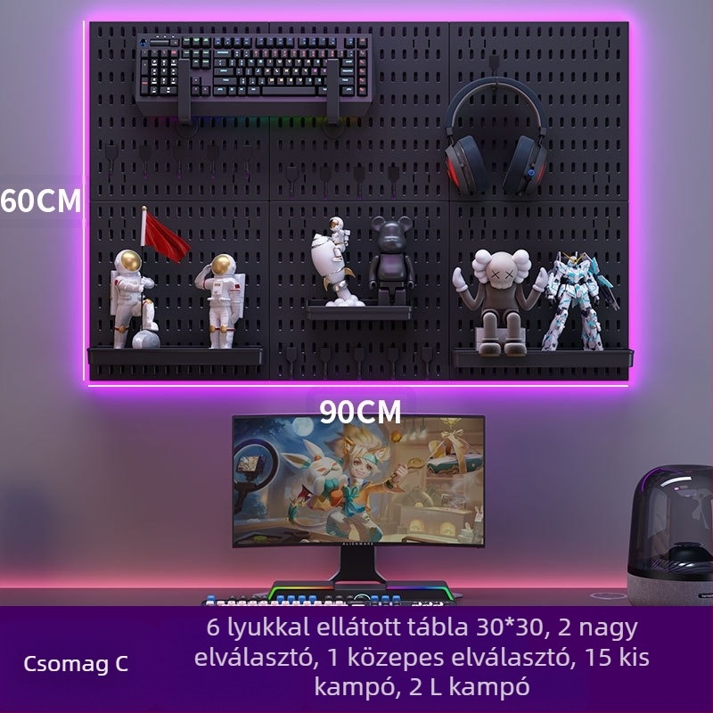 Műanyagból készült lyukacsos falipanel kampókkal – fúrás nélküli szerelés, 1 réteg, többfunkciós tárolás, 20 darabos csomag