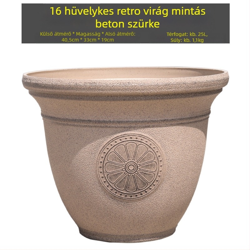 Virágcserép gyantából, domborított kő mintázat textúrával, retro stílus, padlóra tervezett kivitel, ideális iroda- és otthoni dekorációhoz
