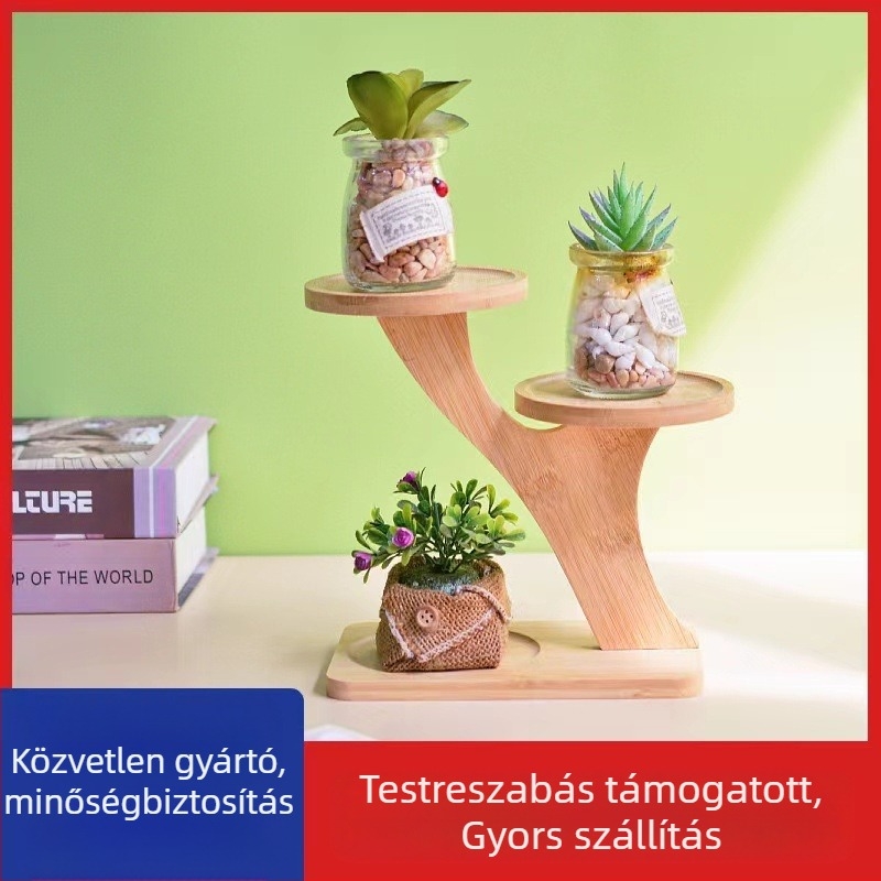 Asztali bambusz növényállvány szukkulensekhez — Többszintes virágtartó, modern minimalist stílus, könnyű összeszerelés