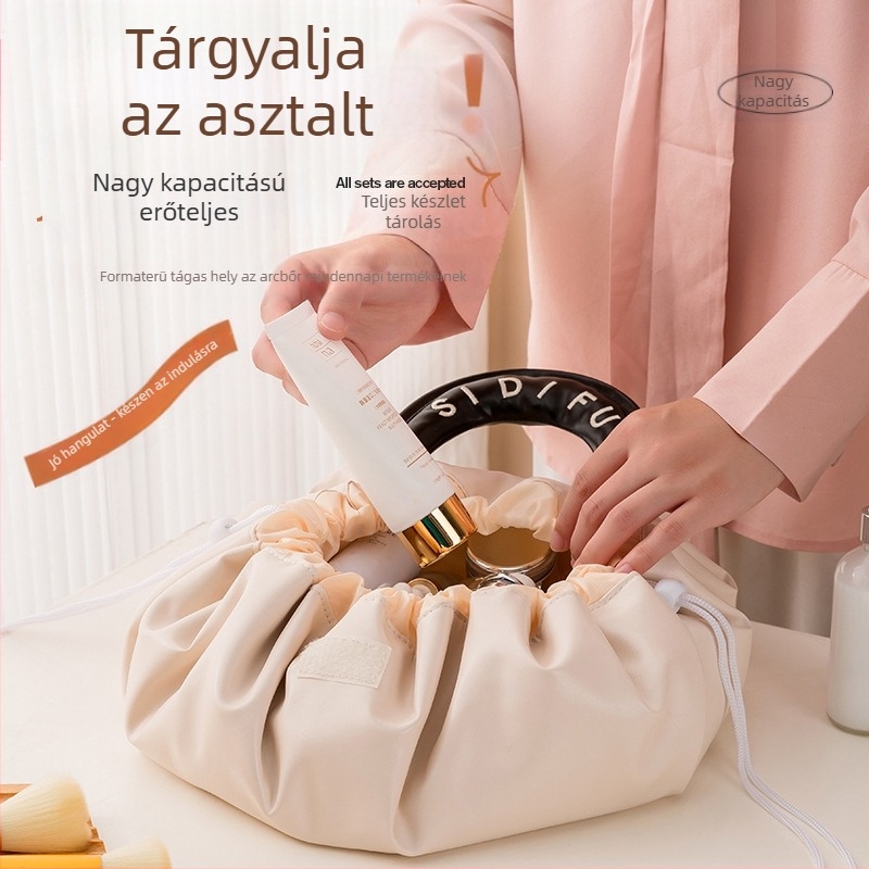 Sminktáska nagy kapacitású, hordozható húzókötős záródással, PU vízálló anyag, utazáshoz, többfunkciós