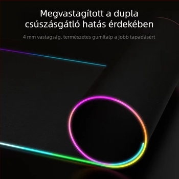 RGB LED gamer egérpad fekete gumírozott asztali matrac, méretek 300×800×4 mm, egyoldalas, csúszásmentes, logó nyomtatás