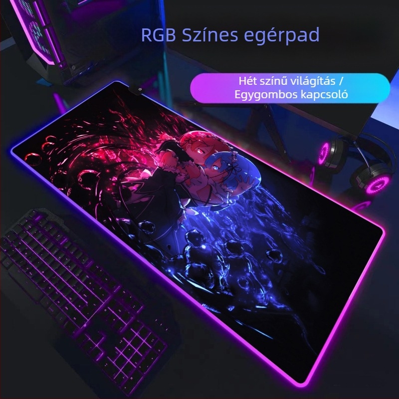 RGB LED gamer egérpad fekete gumírozott asztali matrac, méretek 300×800×4 mm, egyoldalas, csúszásmentes, logó nyomtatás