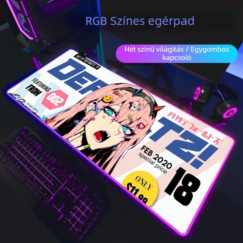 RGB LED gamer egérpad fekete gumírozott asztali matrac, méretek 300×800×4 mm, egyoldalas, csúszásmentes, logó nyomtatás