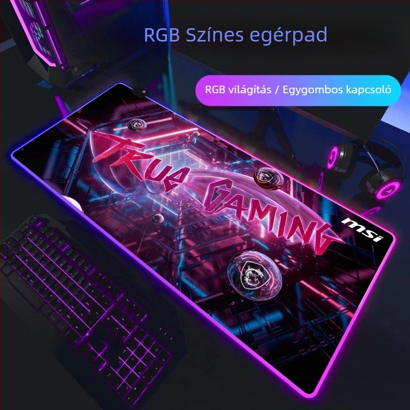 RGB LED gamer egérpad fekete gumírozott asztali matrac, méretek 300×800×4 mm, egyoldalas, csúszásmentes, logó nyomtatás