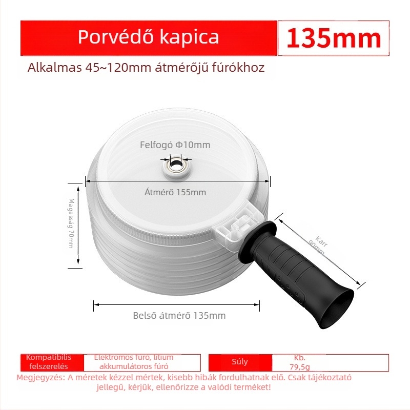 Porvédő sapka kézi/ütvefúróhoz porzsákkal – Kirin Arm, műanyag