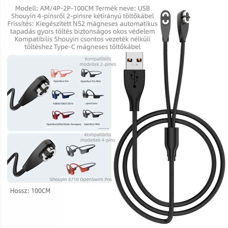 Csontvezetéses Bluetooth headsethez mágneses töltőkábel (USB-A/ USB-C interfész; Kompatibilis Shaoyin AS800/S803/S810; Modell: Bsw-AS800; Márka Besivo/Baisiwo)