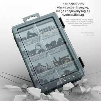 Plasztikus alkatrész tároló doboz többszintes rekeszekkel és megerősített válaszfalakkal, levehető elválasztókkal csavarokhoz, fúrófejekhez és elektronikai alkatrészekhez