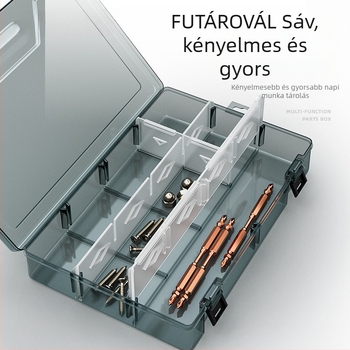 Plasztikus alkatrész tároló doboz többszintes rekeszekkel és megerősített válaszfalakkal, levehető elválasztókkal csavarokhoz, fúrófejekhez és elektronikai alkatrészekhez