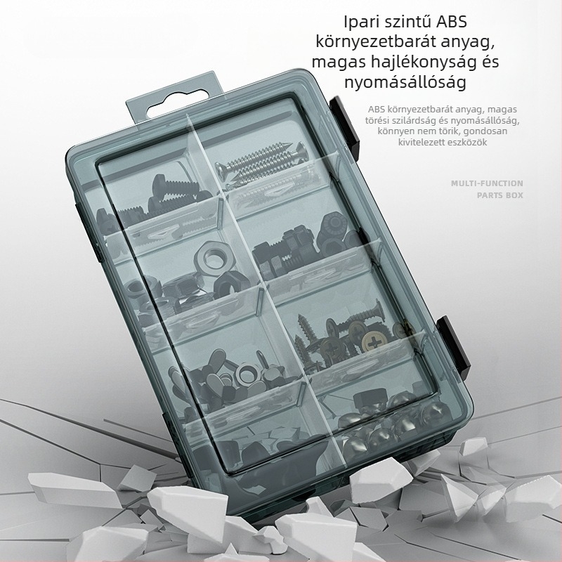 Plasztikus alkatrész tároló doboz többszintes rekeszekkel és megerősített válaszfalakkal, levehető elválasztókkal csavarokhoz, fúrófejekhez és elektronikai alkatrészekhez