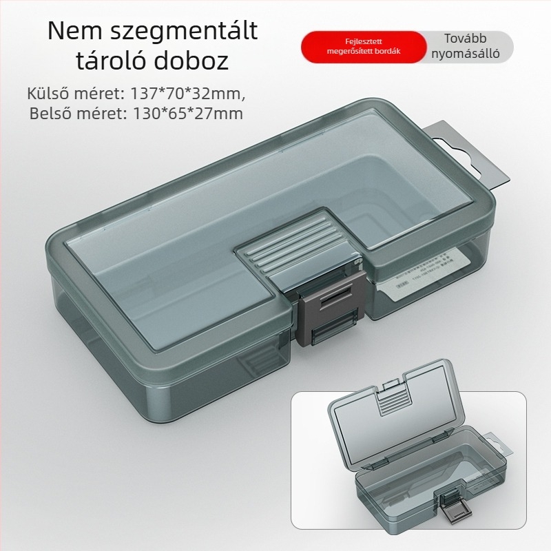 Plasztikus alkatrész tároló doboz többszintes rekeszekkel és megerősített válaszfalakkal, levehető elválasztókkal csavarokhoz, fúrófejekhez és elektronikai alkatrészekhez