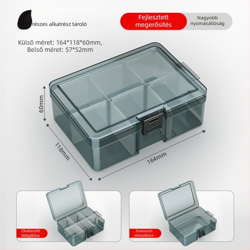 Plasztikus alkatrész tároló doboz többszintes rekeszekkel és megerősített válaszfalakkal, levehető elválasztókkal csavarokhoz, fúrófejekhez és elektronikai alkatrészekhez