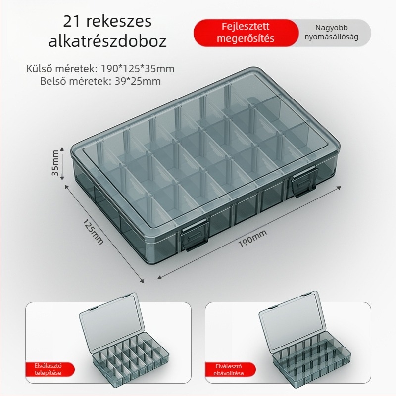 Plasztikus alkatrész tároló doboz többszintes rekeszekkel és megerősített válaszfalakkal, levehető elválasztókkal csavarokhoz, fúrófejekhez és elektronikai alkatrészekhez