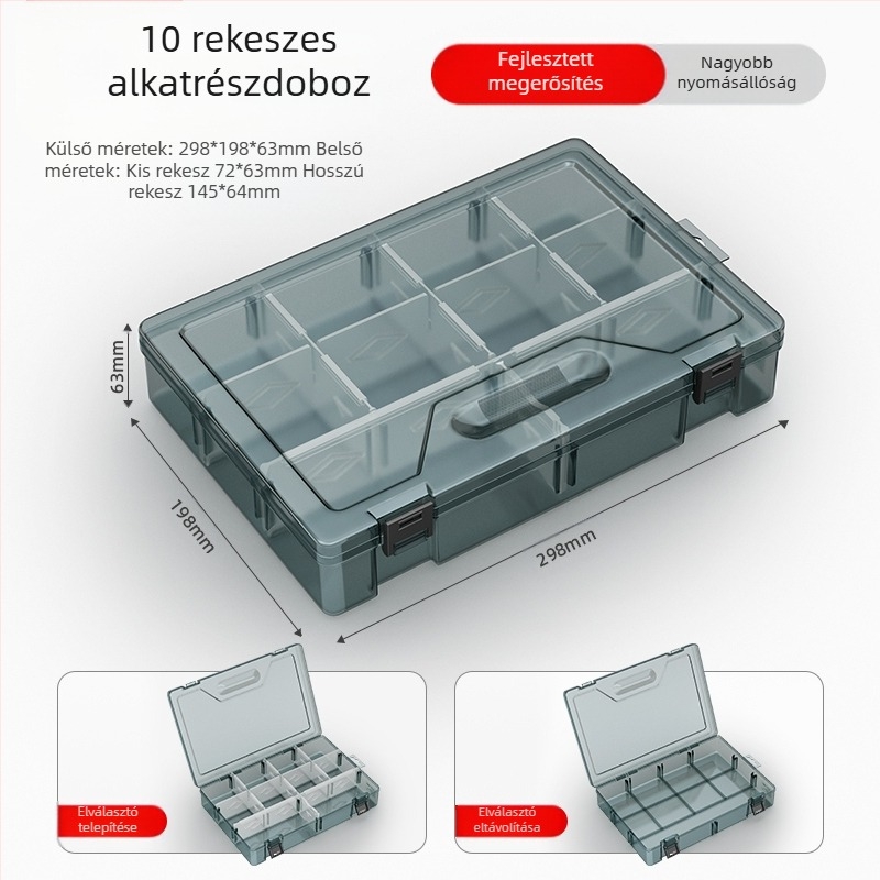 Plasztikus alkatrész tároló doboz többszintes rekeszekkel és megerősített válaszfalakkal, levehető elválasztókkal csavarokhoz, fúrófejekhez és elektronikai alkatrészekhez
