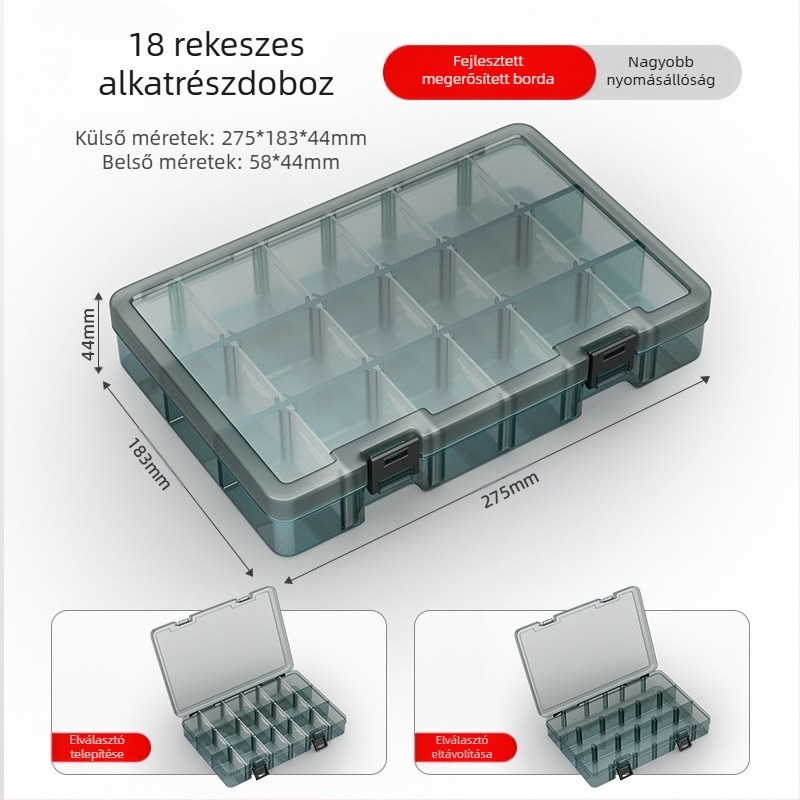 Plasztikus alkatrész tároló doboz többszintes rekeszekkel és megerősített válaszfalakkal, levehető elválasztókkal csavarokhoz, fúrófejekhez és elektronikai alkatrészekhez