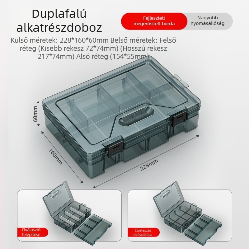 Plasztikus alkatrész tároló doboz többszintes rekeszekkel és megerősített válaszfalakkal, levehető elválasztókkal csavarokhoz, fúrófejekhez és elektronikai alkatrészekhez