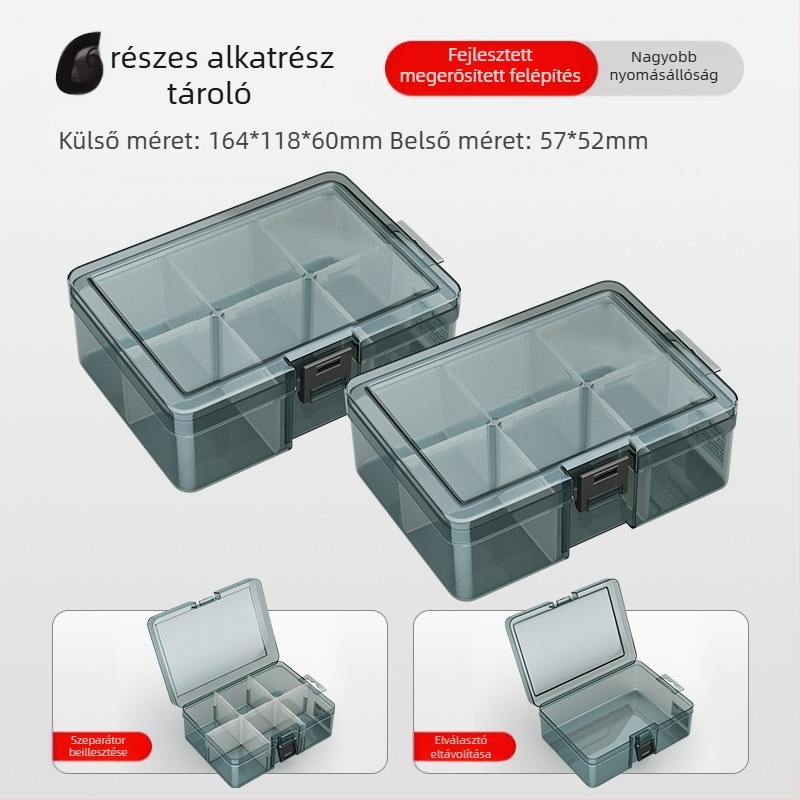 Plasztikus alkatrész tároló doboz többszintes rekeszekkel és megerősített válaszfalakkal, levehető elválasztókkal csavarokhoz, fúrófejekhez és elektronikai alkatrészekhez