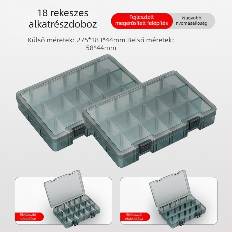 Plasztikus alkatrész tároló doboz többszintes rekeszekkel és megerősített válaszfalakkal, levehető elválasztókkal csavarokhoz, fúrófejekhez és elektronikai alkatrészekhez