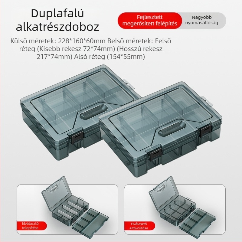 Plasztikus alkatrész tároló doboz többszintes rekeszekkel és megerősített válaszfalakkal, levehető elválasztókkal csavarokhoz, fúrófejekhez és elektronikai alkatrészekhez