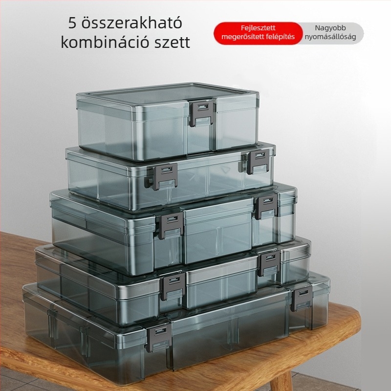 Plasztikus alkatrész tároló doboz többszintes rekeszekkel és megerősített válaszfalakkal, levehető elválasztókkal csavarokhoz, fúrófejekhez és elektronikai alkatrészekhez