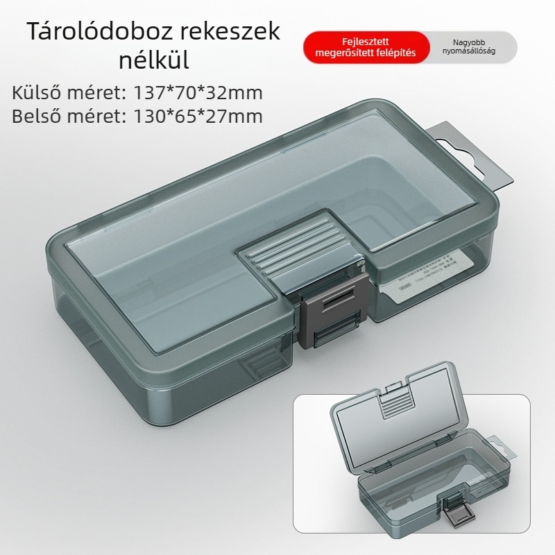 Plasztikus alkatrész tároló doboz többszintes rekeszekkel és megerősített válaszfalakkal, levehető elválasztókkal csavarokhoz, fúrófejekhez és elektronikai alkatrészekhez