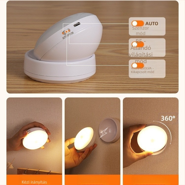 Mozgásérzékelős LED éjjeli lámpa, 360° forgás, mágneses rögzítés, újratölthető akkumulátor (360° forgás, mozgásérzékelő, LED, újratölthető akkumulátor, mágneses rögzítés)
