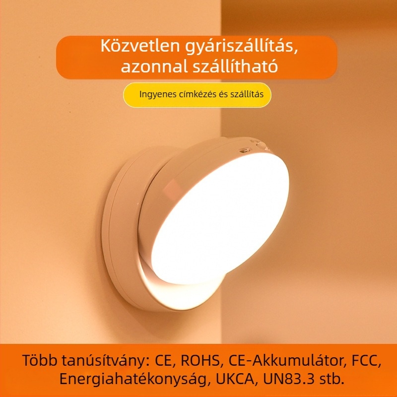 Mozgásérzékelős LED éjjeli lámpa, 360° forgás, mágneses rögzítés, újratölthető akkumulátor (360° forgás, mozgásérzékelő, LED, újratölthető akkumulátor, mágneses rögzítés)