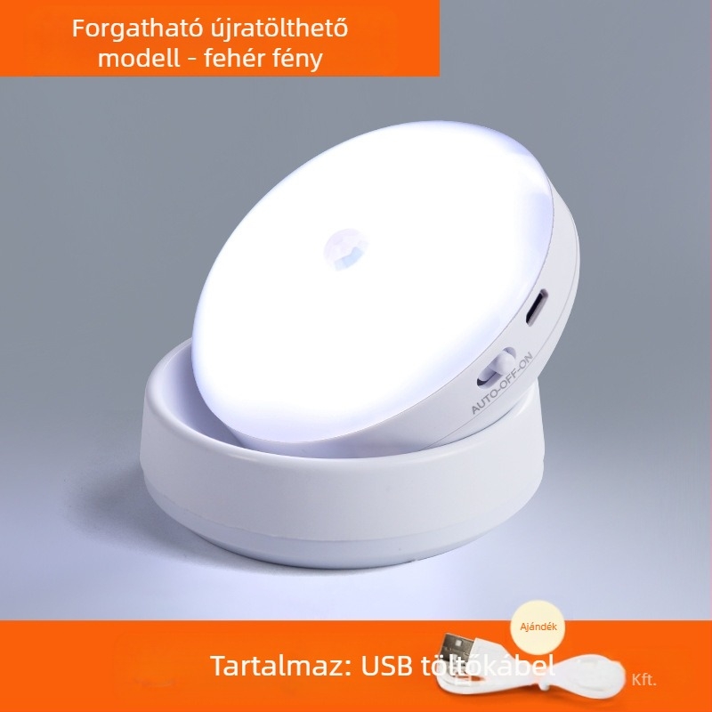 Mozgásérzékelős LED éjjeli lámpa, 360° forgás, mágneses rögzítés, újratölthető akkumulátor (360° forgás, mozgásérzékelő, LED, újratölthető akkumulátor, mágneses rögzítés)