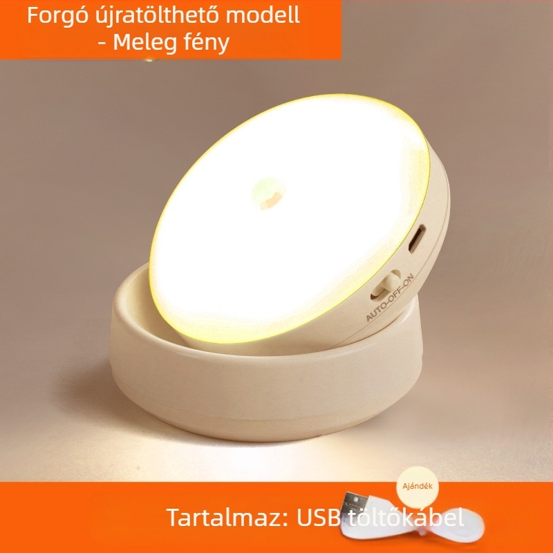 Mozgásérzékelős LED éjjeli lámpa, 360° forgás, mágneses rögzítés, újratölthető akkumulátor (360° forgás, mozgásérzékelő, LED, újratölthető akkumulátor, mágneses rögzítés)