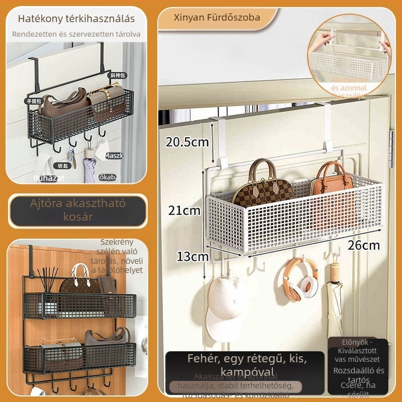 Vasból készült ajtó mögötti fali tartó ruhadarabokkal, 1–3 szint, fúrás nélküli rögzítés, spray-plasztik felület, teherbírás 10–15 kg