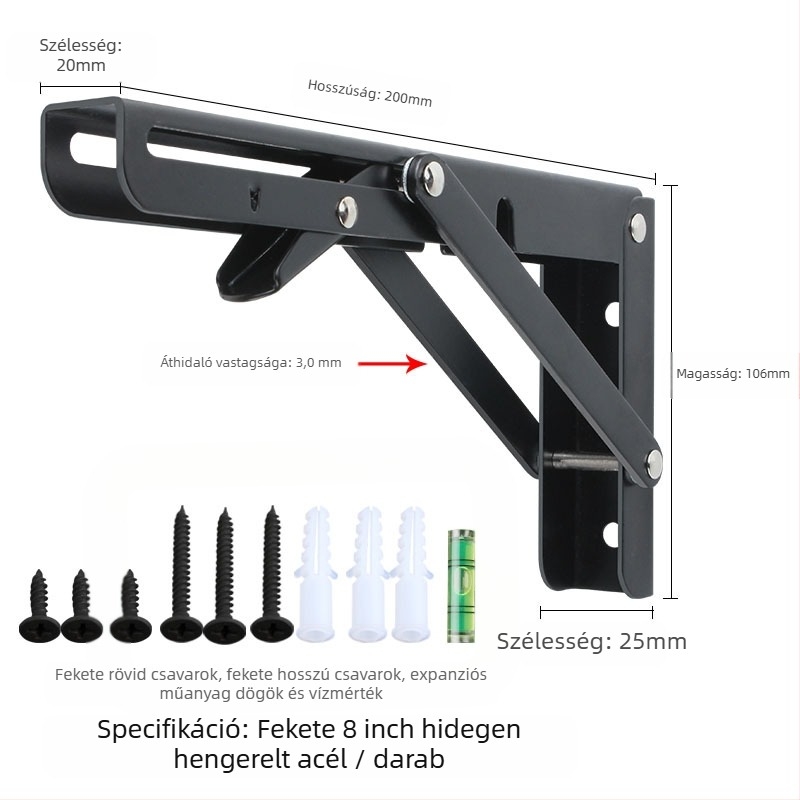 Háromszög alakú, hajtogatós fali tartó rozsdamentes acélból, modell 0362, kefés felület