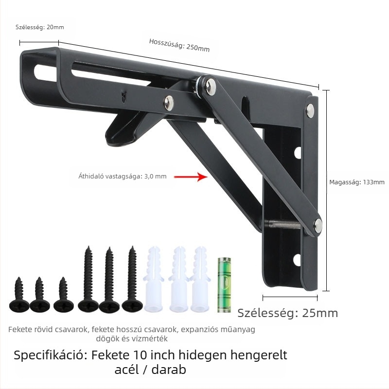 Háromszög alakú, hajtogatós fali tartó rozsdamentes acélból, modell 0362, kefés felület