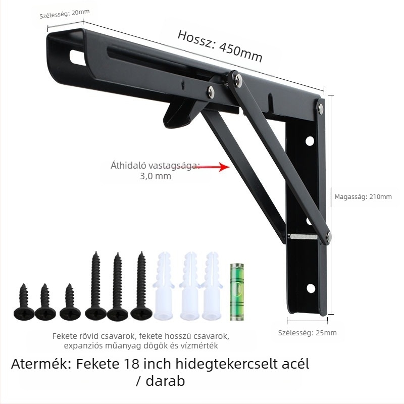 Háromszög alakú, hajtogatós fali tartó rozsdamentes acélból, modell 0362, kefés felület
