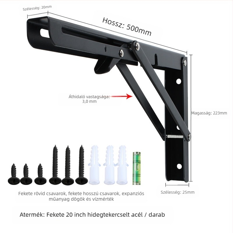 Háromszög alakú, hajtogatós fali tartó rozsdamentes acélból, modell 0362, kefés felület