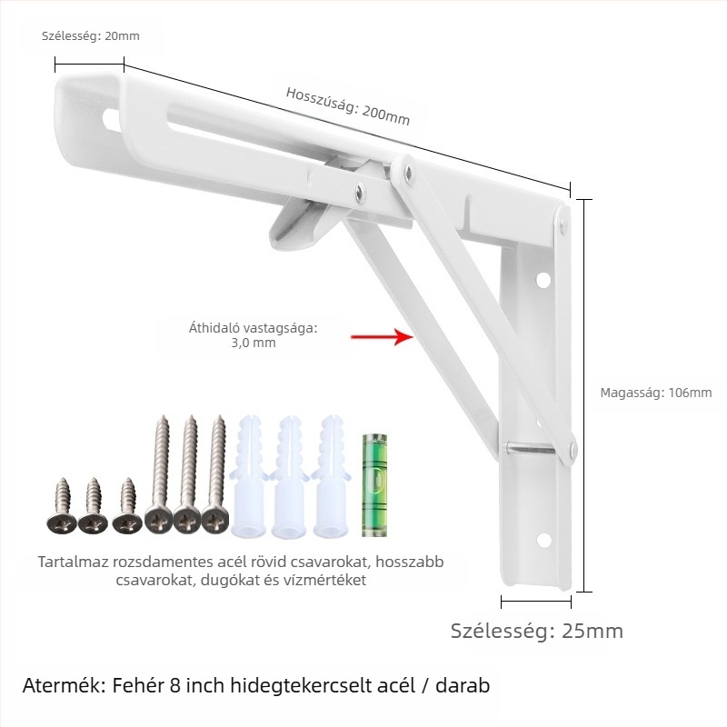 Háromszög alakú, hajtogatós fali tartó rozsdamentes acélból, modell 0362, kefés felület
