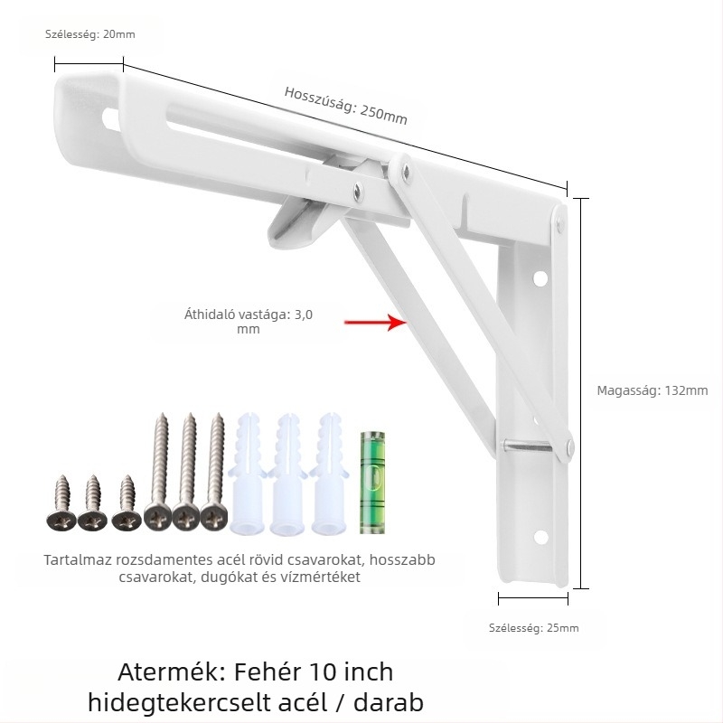 Háromszög alakú, hajtogatós fali tartó rozsdamentes acélból, modell 0362, kefés felület