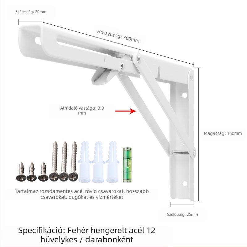 Háromszög alakú, hajtogatós fali tartó rozsdamentes acélból, modell 0362, kefés felület