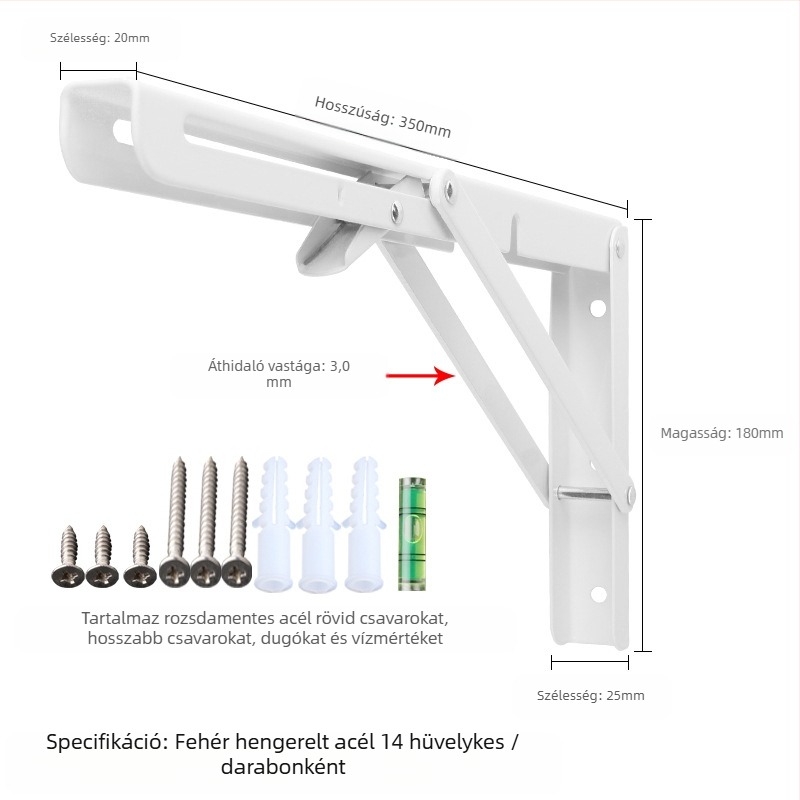 Háromszög alakú, hajtogatós fali tartó rozsdamentes acélból, modell 0362, kefés felület