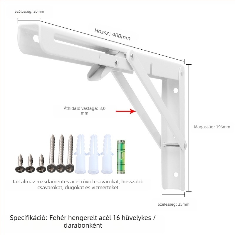 Háromszög alakú, hajtogatós fali tartó rozsdamentes acélból, modell 0362, kefés felület