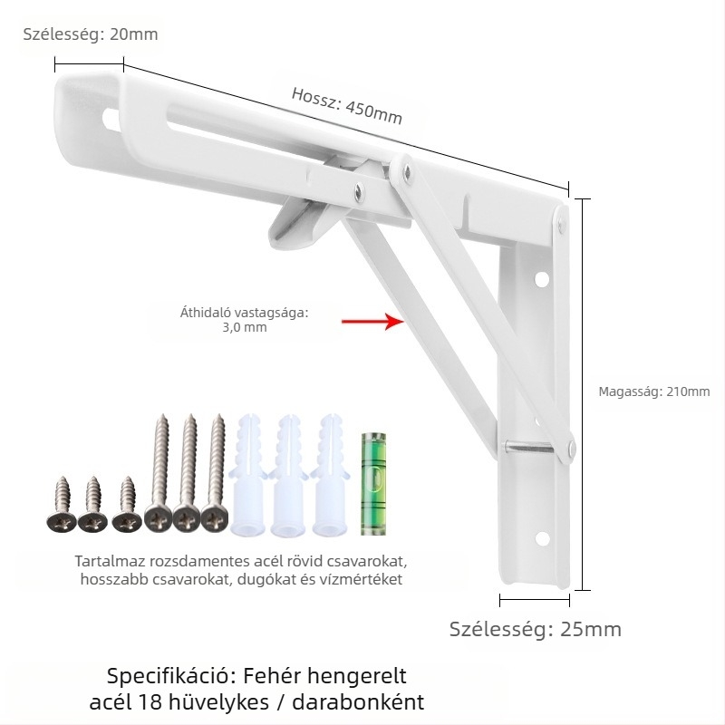 Háromszög alakú, hajtogatós fali tartó rozsdamentes acélból, modell 0362, kefés felület