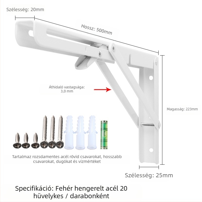 Háromszög alakú, hajtogatós fali tartó rozsdamentes acélból, modell 0362, kefés felület