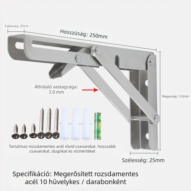 Háromszög alakú, hajtogatós fali tartó rozsdamentes acélból, modell 0362, kefés felület