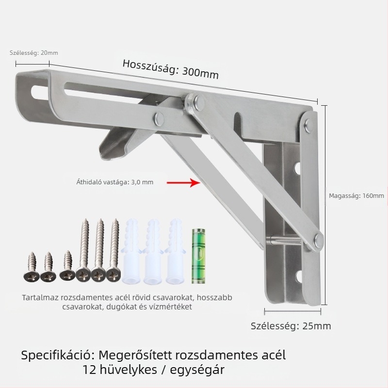 Háromszög alakú, hajtogatós fali tartó rozsdamentes acélból, modell 0362, kefés felület