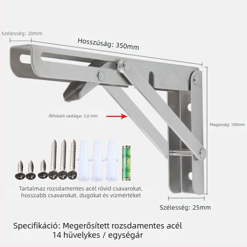 Háromszög alakú, hajtogatós fali tartó rozsdamentes acélból, modell 0362, kefés felület