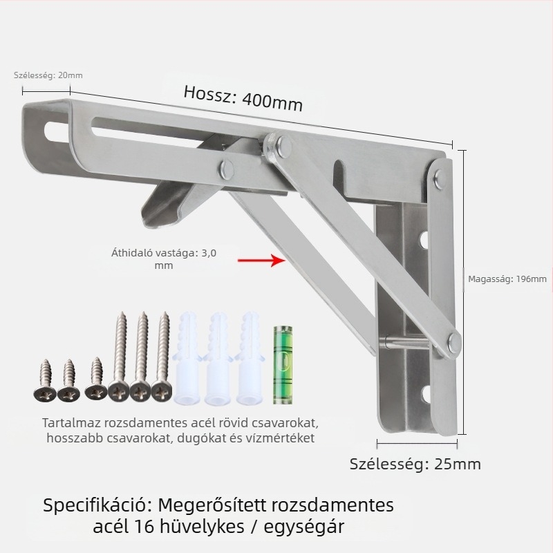 Háromszög alakú, hajtogatós fali tartó rozsdamentes acélból, modell 0362, kefés felület