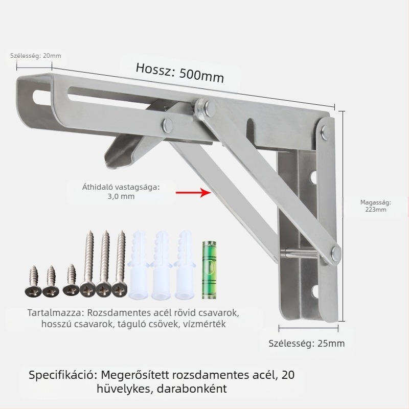 Háromszög alakú, hajtogatós fali tartó rozsdamentes acélból, modell 0362, kefés felület