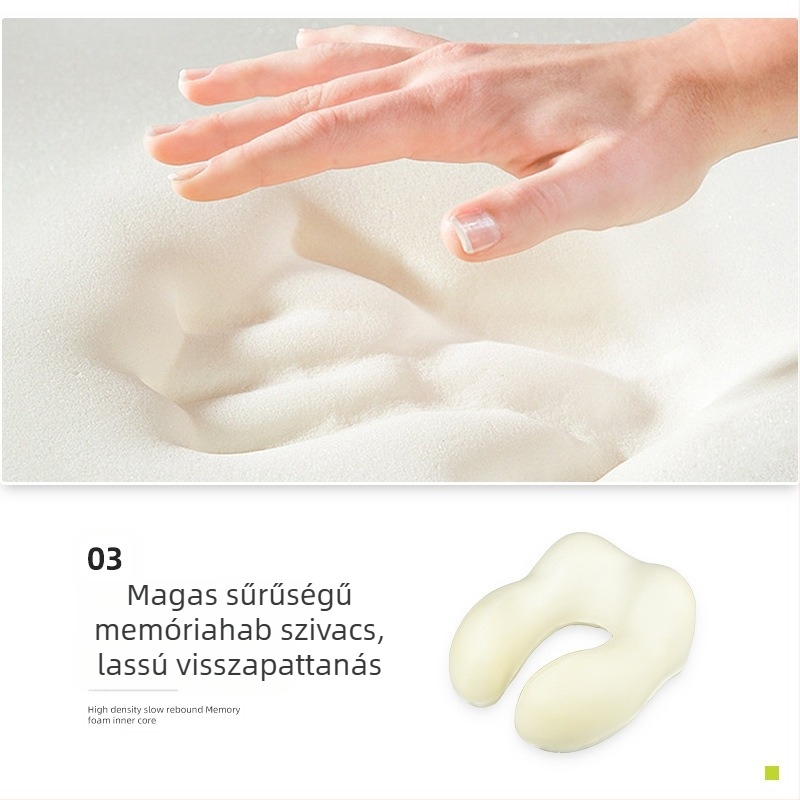 U-alakú utazó párna: memóriahab; kapucni; levehető huzat; kationos szövet; modern minimális stílus; tömeg ≤0,5 kg