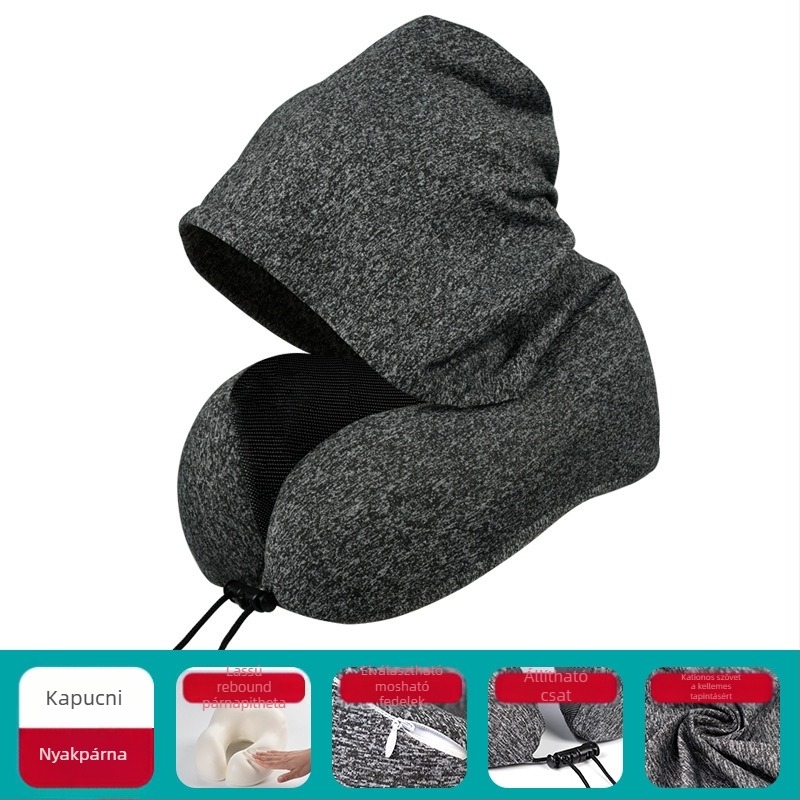 U-alakú utazó párna: memóriahab; kapucni; levehető huzat; kationos szövet; modern minimális stílus; tömeg ≤0,5 kg