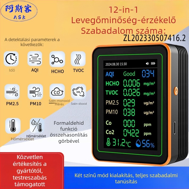 Légminőség-érzékelő 15-in-1: CO2, PM2.5, TVOC, formaldehid, hőmérséklet és páratartalom, modell ZN-MT22, CO2-tartomány 400-5000 ppm, pontosság 1 ppm, DC 3.7V