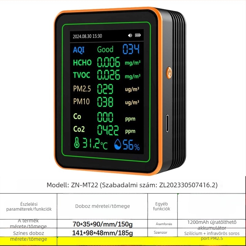 Légminőség-érzékelő 15-in-1: CO2, PM2.5, TVOC, formaldehid, hőmérséklet és páratartalom, modell ZN-MT22, CO2-tartomány 400-5000 ppm, pontosság 1 ppm, DC 3.7V