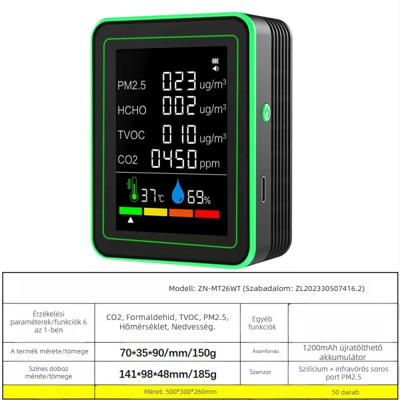 Légminőség-érzékelő 15-in-1: CO2, PM2.5, TVOC, formaldehid, hőmérséklet és páratartalom, modell ZN-MT22, CO2-tartomány 400-5000 ppm, pontosság 1 ppm, DC 3.7V